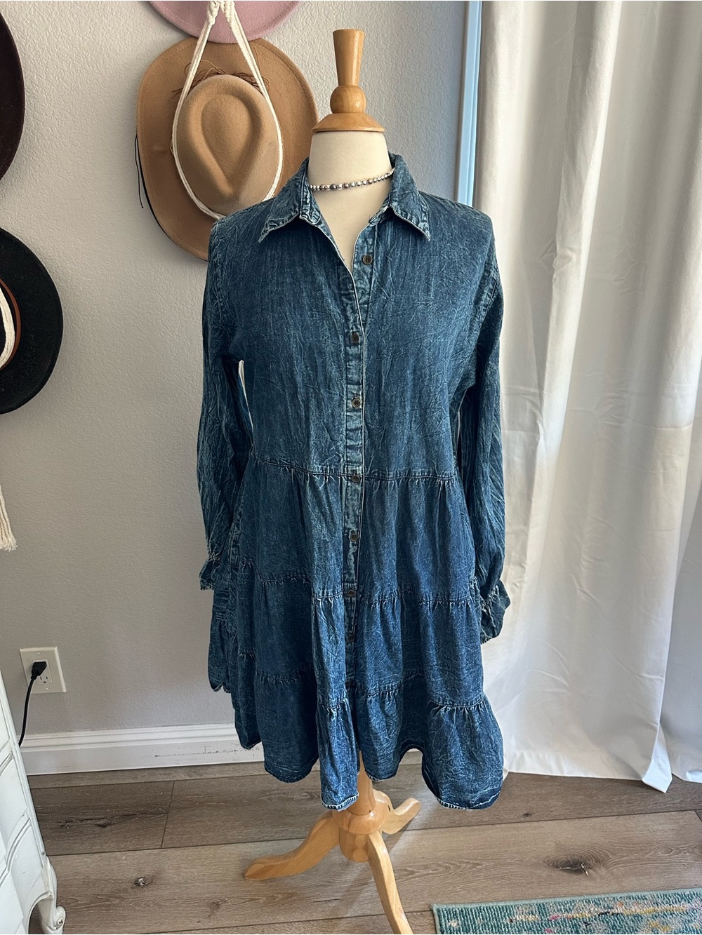 Angie Washed Blue Denim Tiered Button-Front Long Sleeve Dress